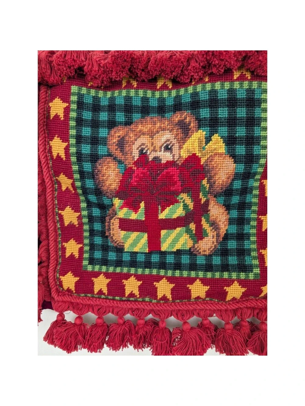 Needlepoint Christmas Pillow Teddy Bear Present Red Velvet Tassels 14